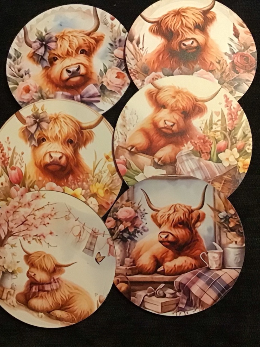 Set of six highland cow design coasters